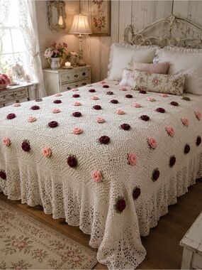 Hand crafted Crochet Roses Granny squares with scalloped lace knit border
